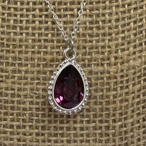 Amethyst crystal pear 20x14 mm. Silver plated chain. Made with Swarovski crystal